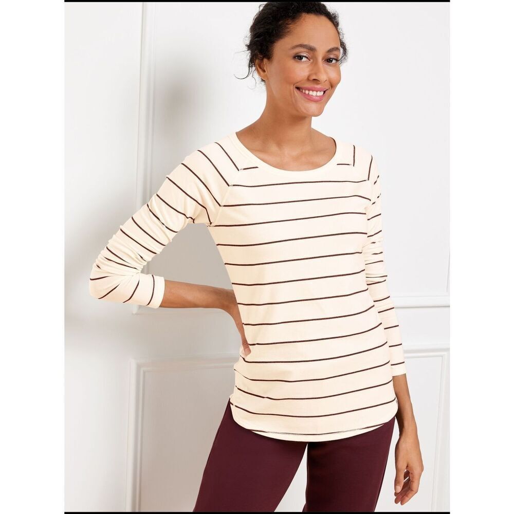 Talbot's Super Soft Metallic Striped Long-Sleeve Crewneck Top in Cream Size XL